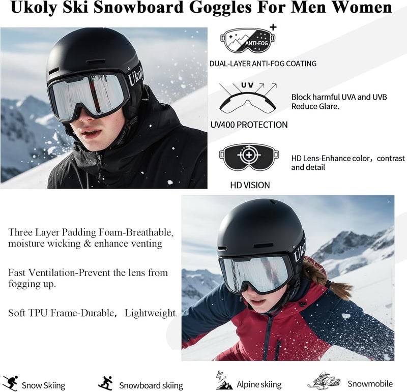 Ukoly Ski/Snowboard Goggles for Men Women, Snow Goggles HD Lens Anti-Fog Coating OTG Design UV400 Protection Windproof - Image 3